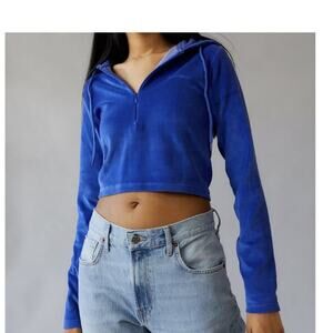 iets frans Rochelle Quarter Zip Sweatshirt Women's M Blue Velour Cropped Hoodie
